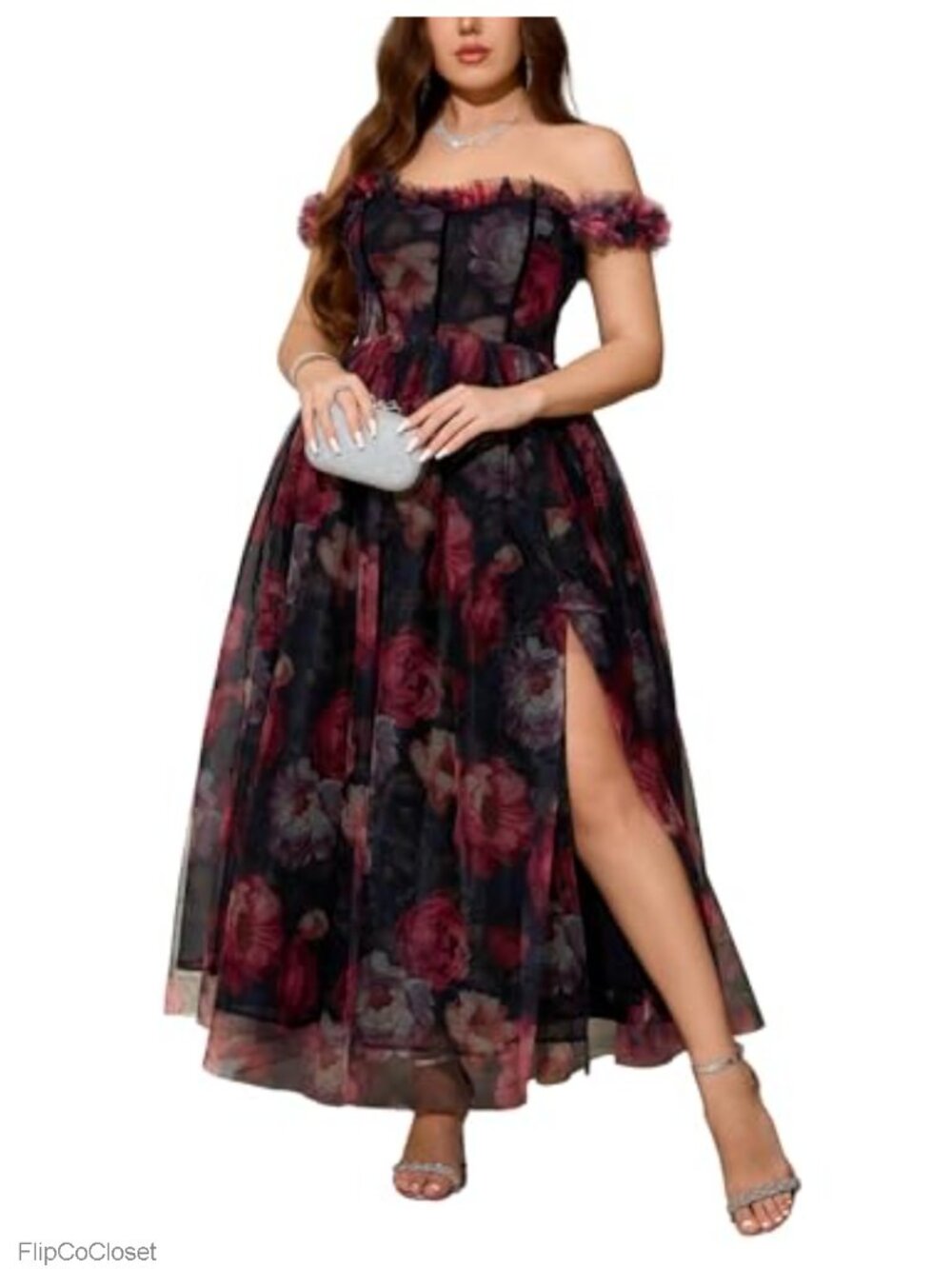 Plus Size Formal Dress with Slit Floral A-Line Cocktail Party Midi